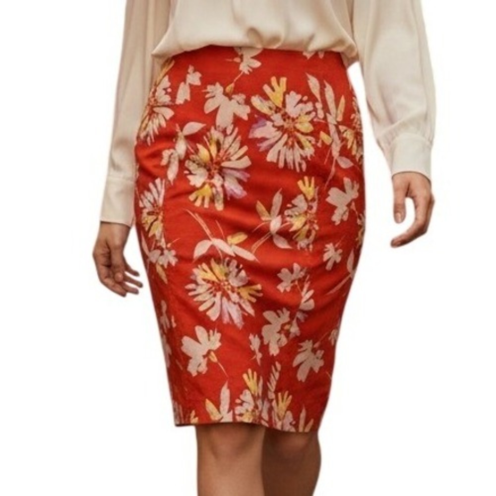 LYSSE NY Charity Orange Floral Pencil Skirt Knee Length Stretch EUC Size M